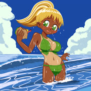 megane oppai tanned burger girl at the beach (glasses tan ocean leaf_bikini burger worm)