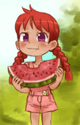 Waamelon (watermelon lulula girl overalls shorts eating)