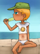 Tanpops (girl popsicle feet sitting swimsuit tan tanlines eating ocean)