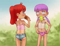 Cava and lulu tans shirts (lulula cavallucci shorts sweat blush 2girls cute popsicle ice_cream tanlines)