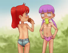 Cava and lulu tans (lulula cavallucci shorts sweat blush 2girls cute popsicle ice_cream tanlines topless nipples)