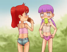 Cava and lulu shirts (lulula cavallucci shorts sweat blush 2girls cute popsicle ice_cream)