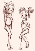 DoremiandhazukiBIKINIs (ojamajo_doremi doremi_harukaze hazuki_fujiwara micro_bikini sweat blush glasses sketch 2girls)