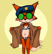 Foxehorabikini (super_animal_royale fox steam trenchcoat blush glasses furry tail beret navel bikini)