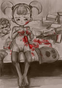 Robbercun (ak74u gun socks pussy blush blood gore stitches thigh_highs ski_mask nude twintails)