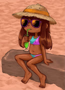 Beach (feet tan beach drink girl strawhat sunglasses bikini)